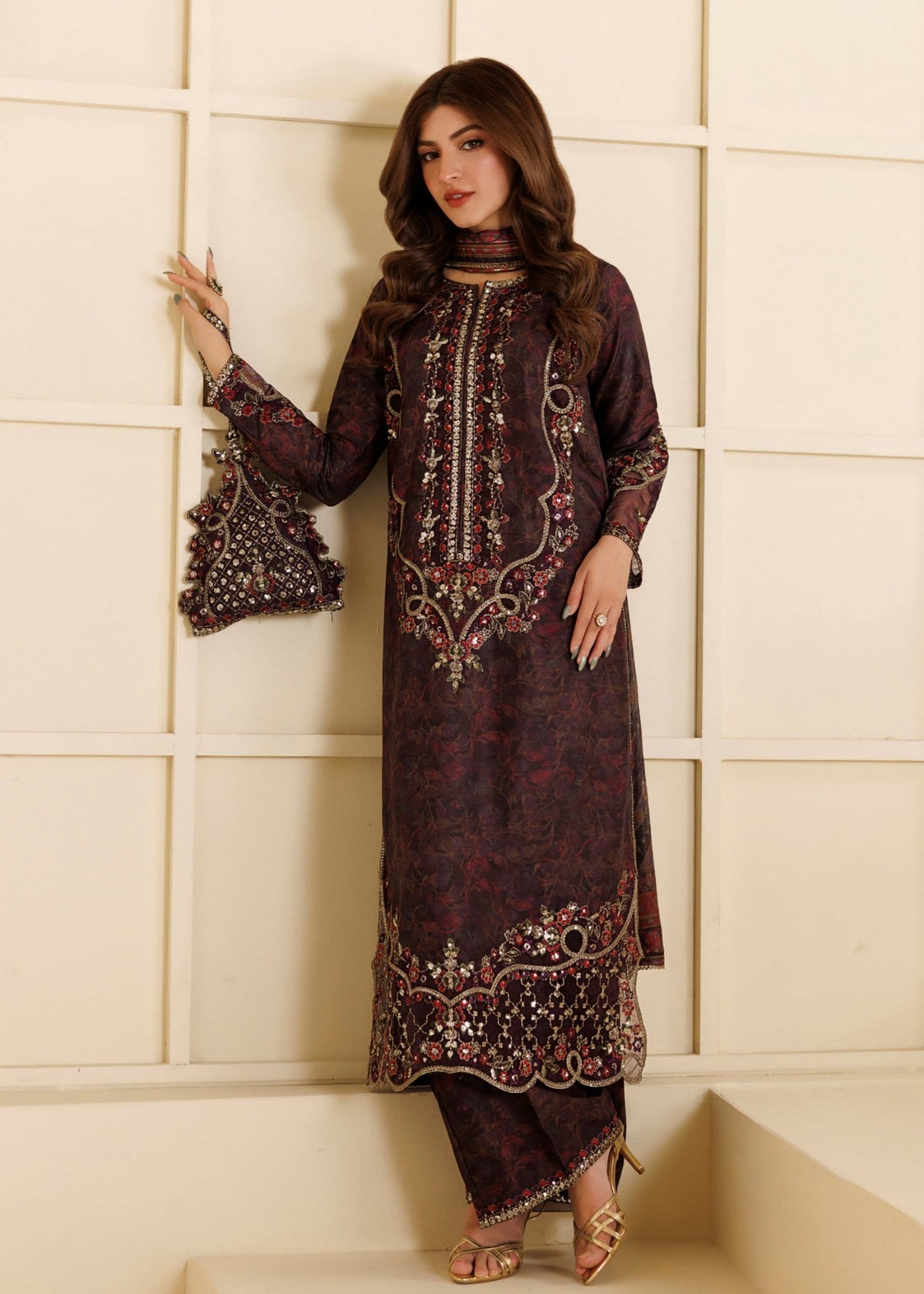 Blood Red Embroidered Blended Khaddar Shalwar Kameez Online in KSA Riyadh Saudi Arabia Oman Bahrain Qatar