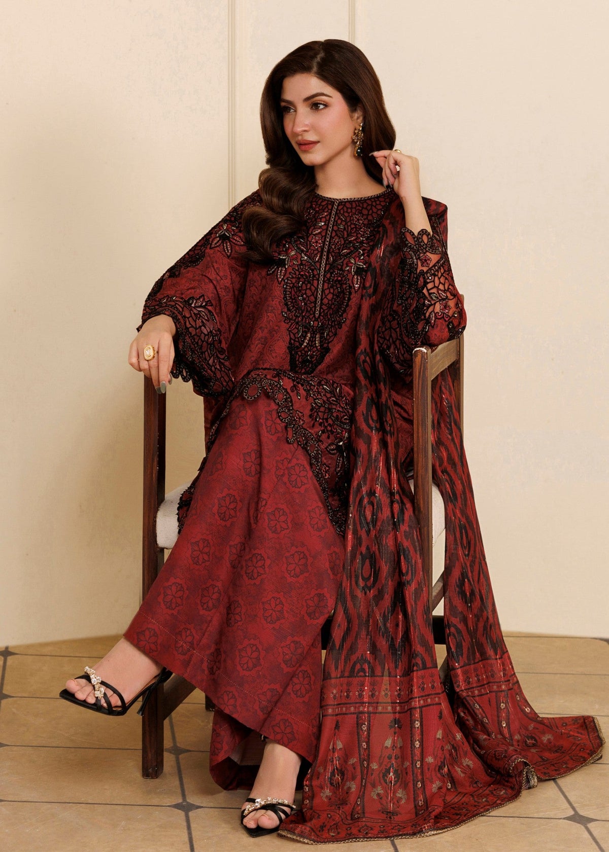 Blood Red Embroidered Khaddar 3 Piece Suit Online in UK USA Canada