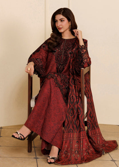 Blood Red Embroidered Khaddar 3 Piece Suit Online in UK USA Canada