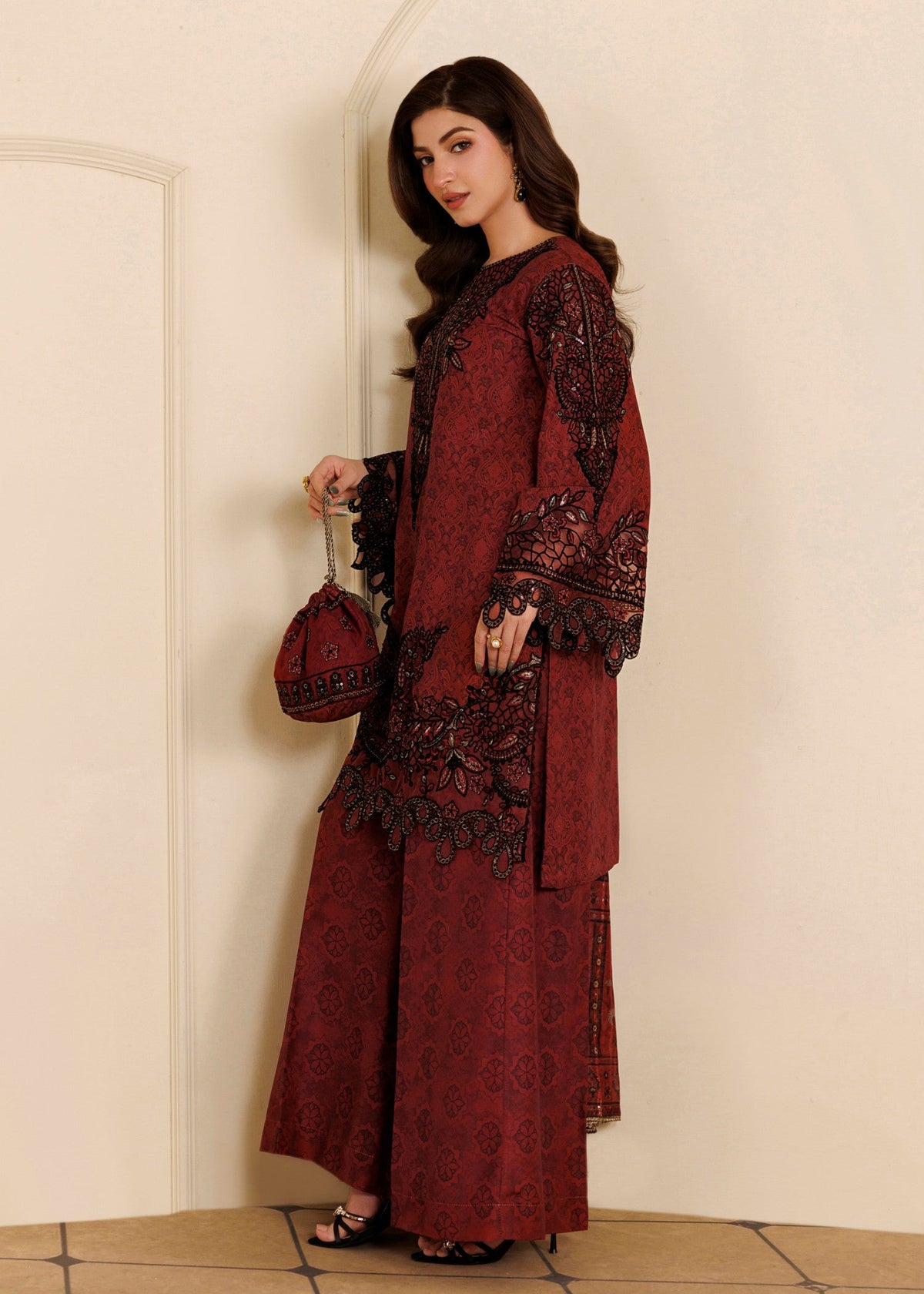 Blood Red Embroidered Khaddar Designer Salwar Kameez Online in Dubai DXB UAE Abudhabi Meena Bazaar