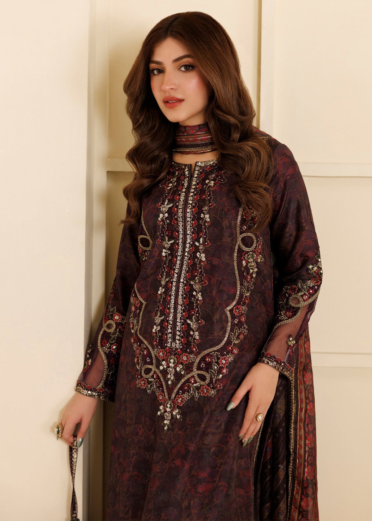 Blood Red Embroidered Khaddar Salwar Suit Online in Dubai UAE Abudhabi Ajman Sharjah