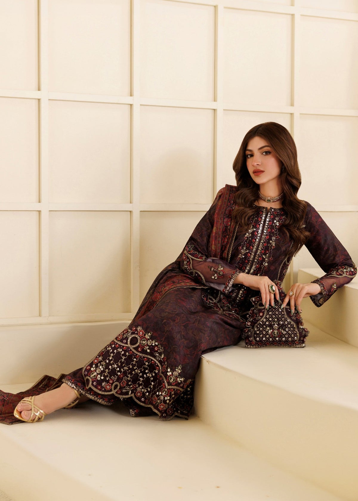 Blood Red Embroidered Khaddar Unstitched Suit Online in Dubai DXB UAE Abudhabi Meena Bazaar