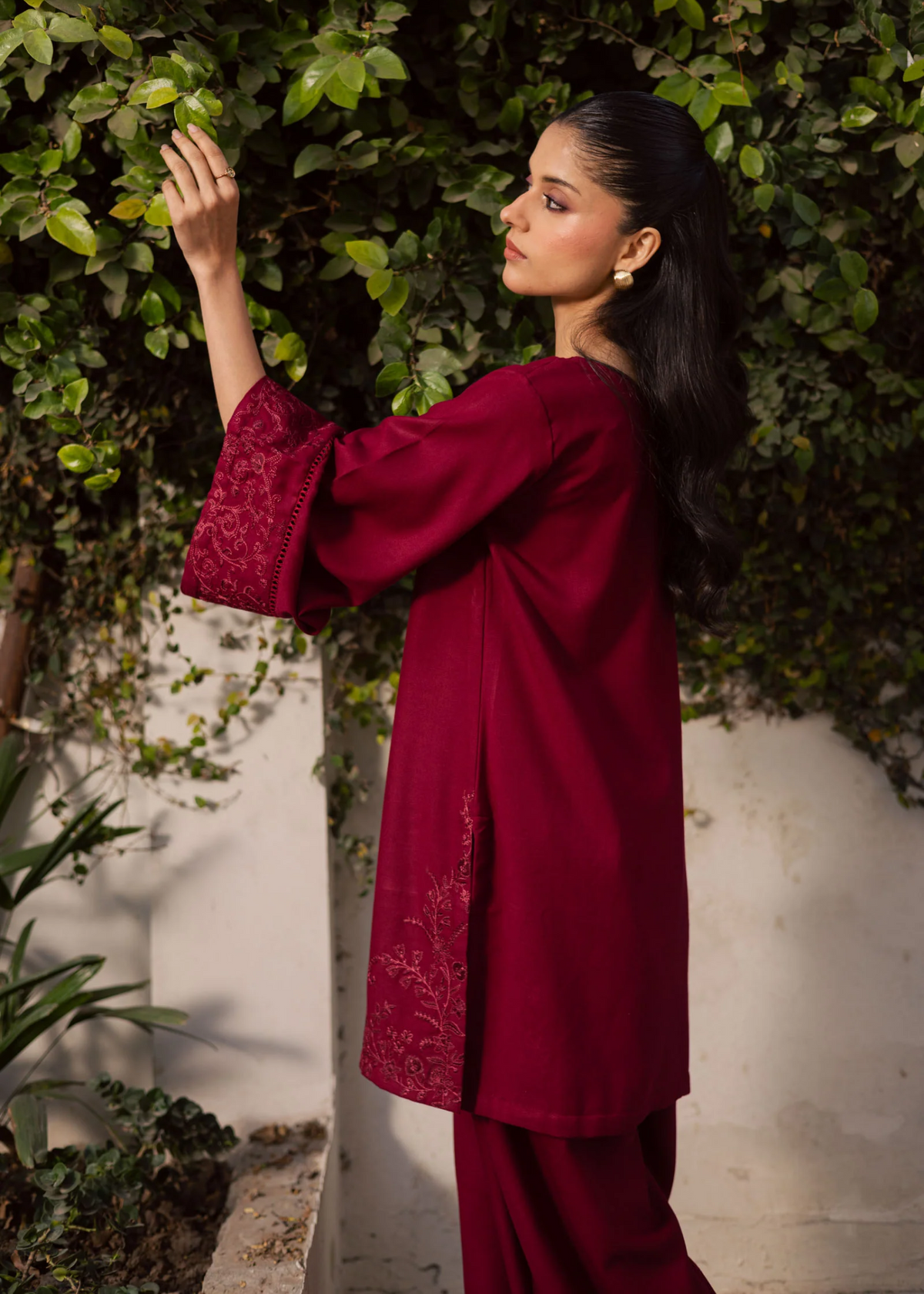 Blood Red Embroidered Lawn Farshi Shalwar Kurta Set Online in Dubai DXB UAE Abudhabi Meena Bazaar