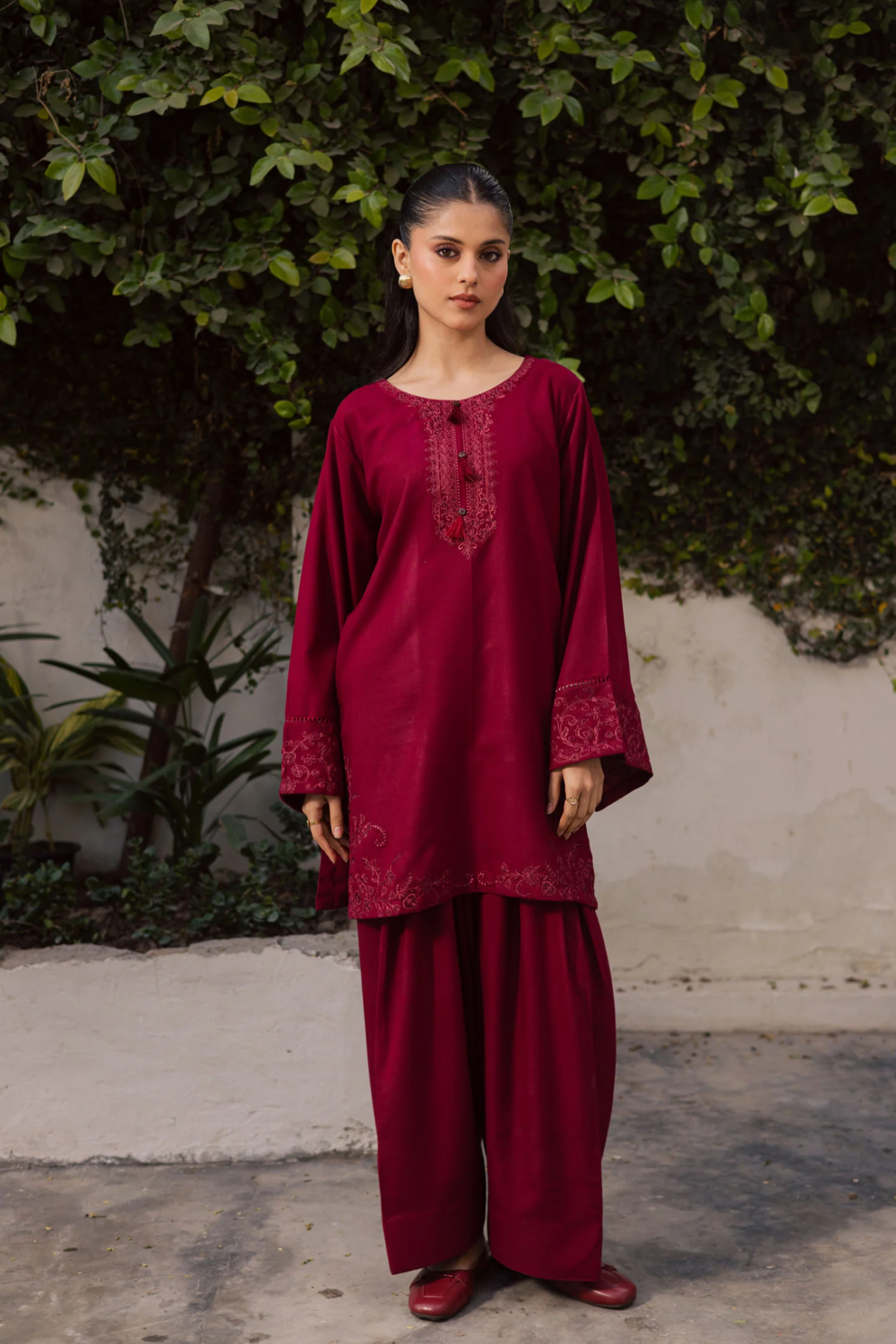 Blood Red Embroidered Lawn Farshi Shalwar Kurta Set Online in Dubai UAE Abudhabi Ajman Sharjah