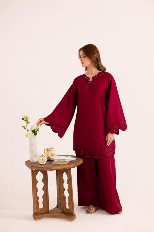 Blood Red Embroidered Lawn Kurta Set Online in Dubai UAE Abudhabi Ajman Sharjah