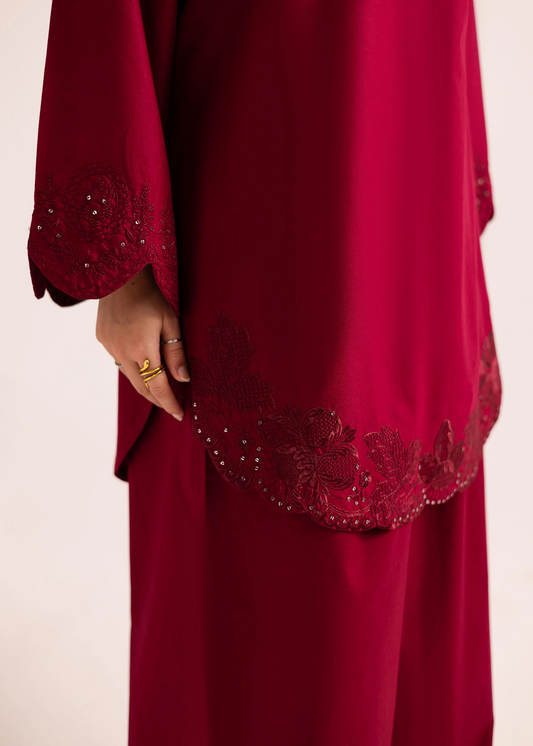 Blood Red Embroidered Lawn Kurta Set Online in UK USA Canada