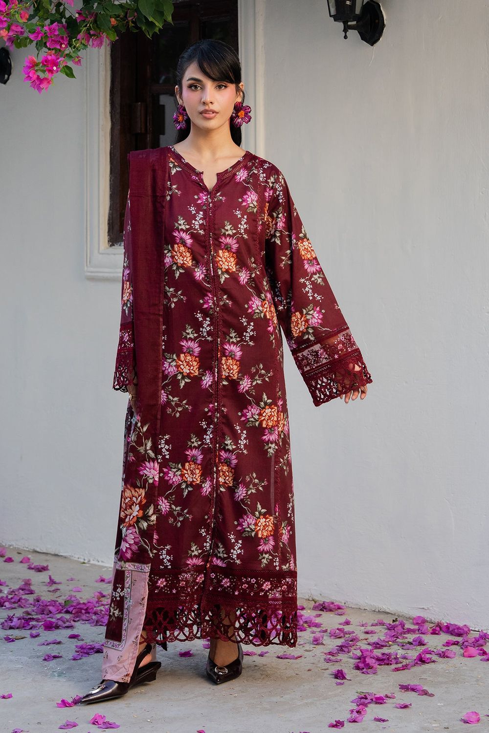 Blood Red Embroidered Lawn Suit Online in Dubai UAE Abudhabi Ajman Sharjah