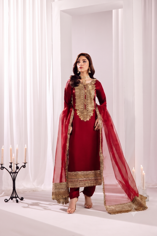 Blood Red Embroidered Silk Party Wear Suit Online in Dubai UAE Abudhabi Ajman Sharjah