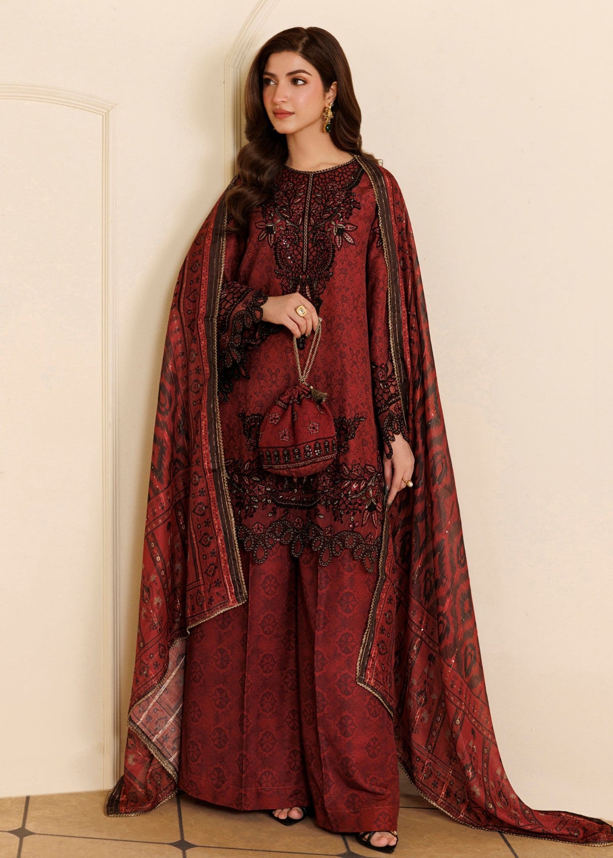 Blood Red Festive Party Wear Khaddar Salwar Kameez Online in Sri Lanka India Australia