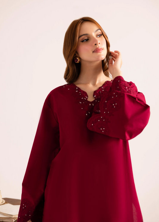Blood Red Lawn Kurta Set for Women Online in KSA Riyadh Saudi Arabia Oman Bahrain Qatar