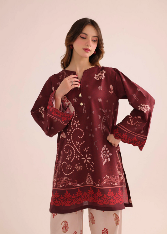 Blood Red Printed Poly Lawn Kurta Set Online in Dubai DXB UAE Abudhabi Meena Bazaar