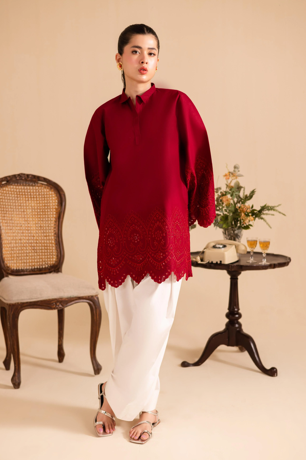 Blood Red Schiffli Embroidered Lawn Farshi Shalwar Kurta Set Online in Dubai UAE Abudhabi Ajman Sharjah