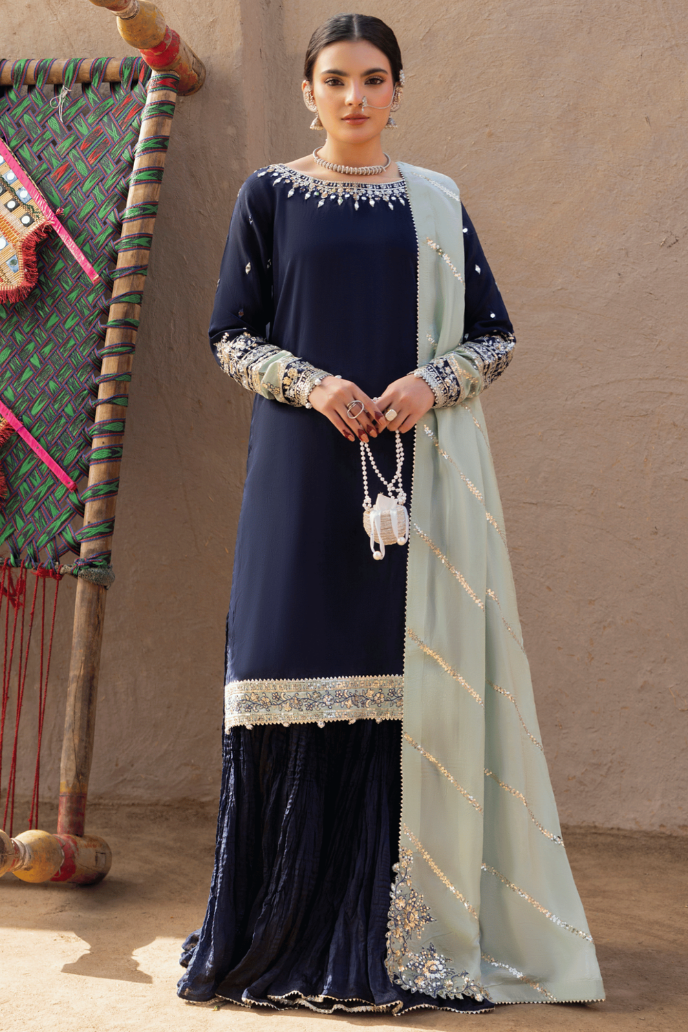 Blue Adda Work Raw Silk Festive Sharara Suit Online in Dubai UAE Abudhabi Ajman Sharjah