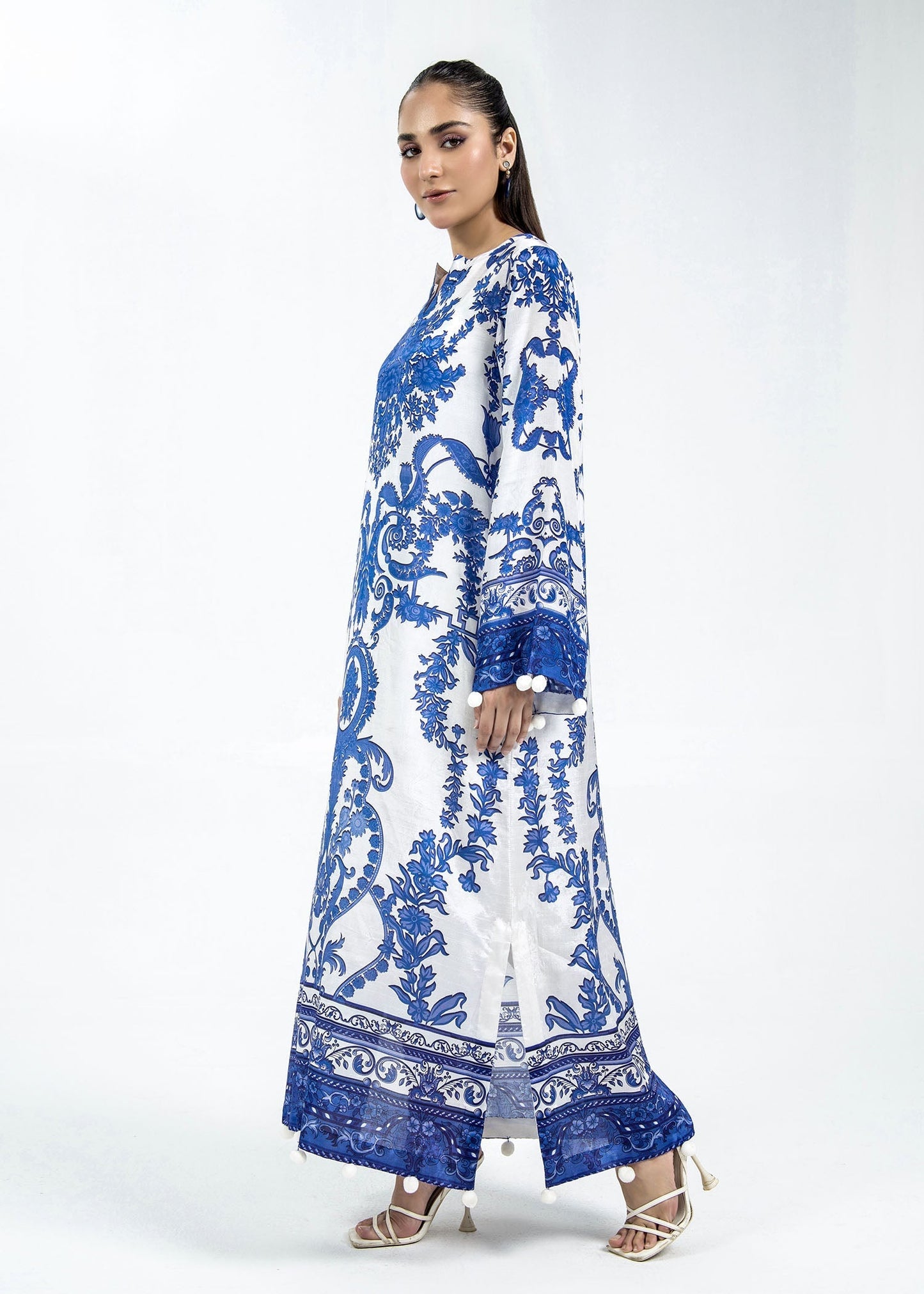 Blue and White Raw Silk Kaftan with Pom Poms Online in Sri Lanka India Australia