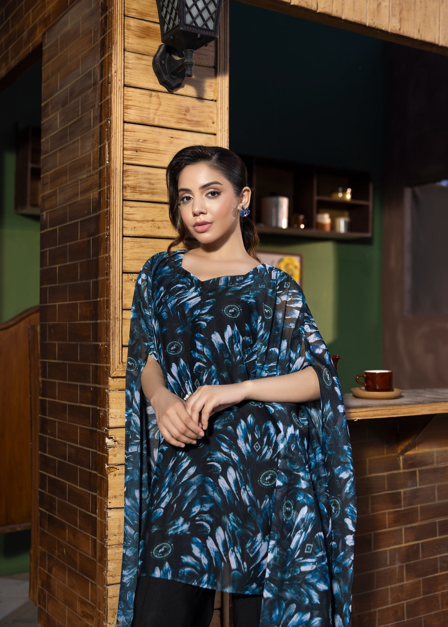 Blue Black Chiffon Two Piece Kaftan Set Online in Dubai UAE Abudhabi Ajman Sharjah