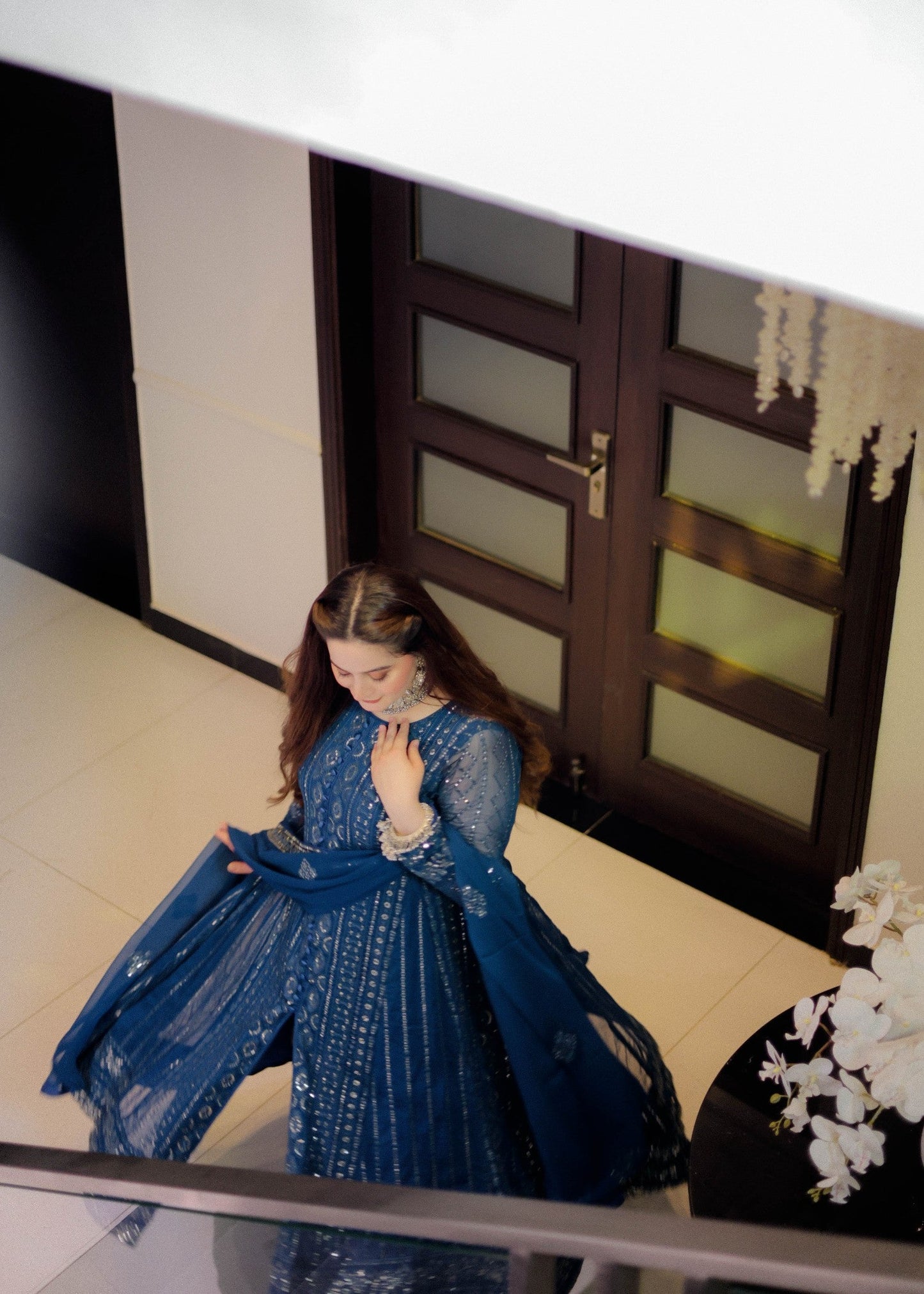 Blue Chiffon Embellished Party Wear Suit Online in KSA Riyadh Saudi Arabia Oman Bahrain Qatar