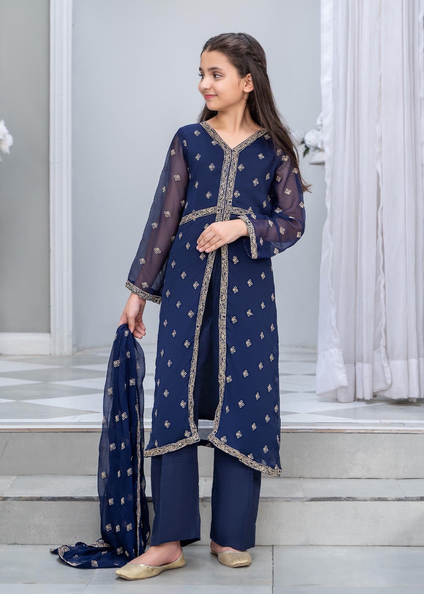 Blue Chiffon Embroidered 3 Piece Suit Online in Dubai DXB UAE Abudhabi Meena Bazaar