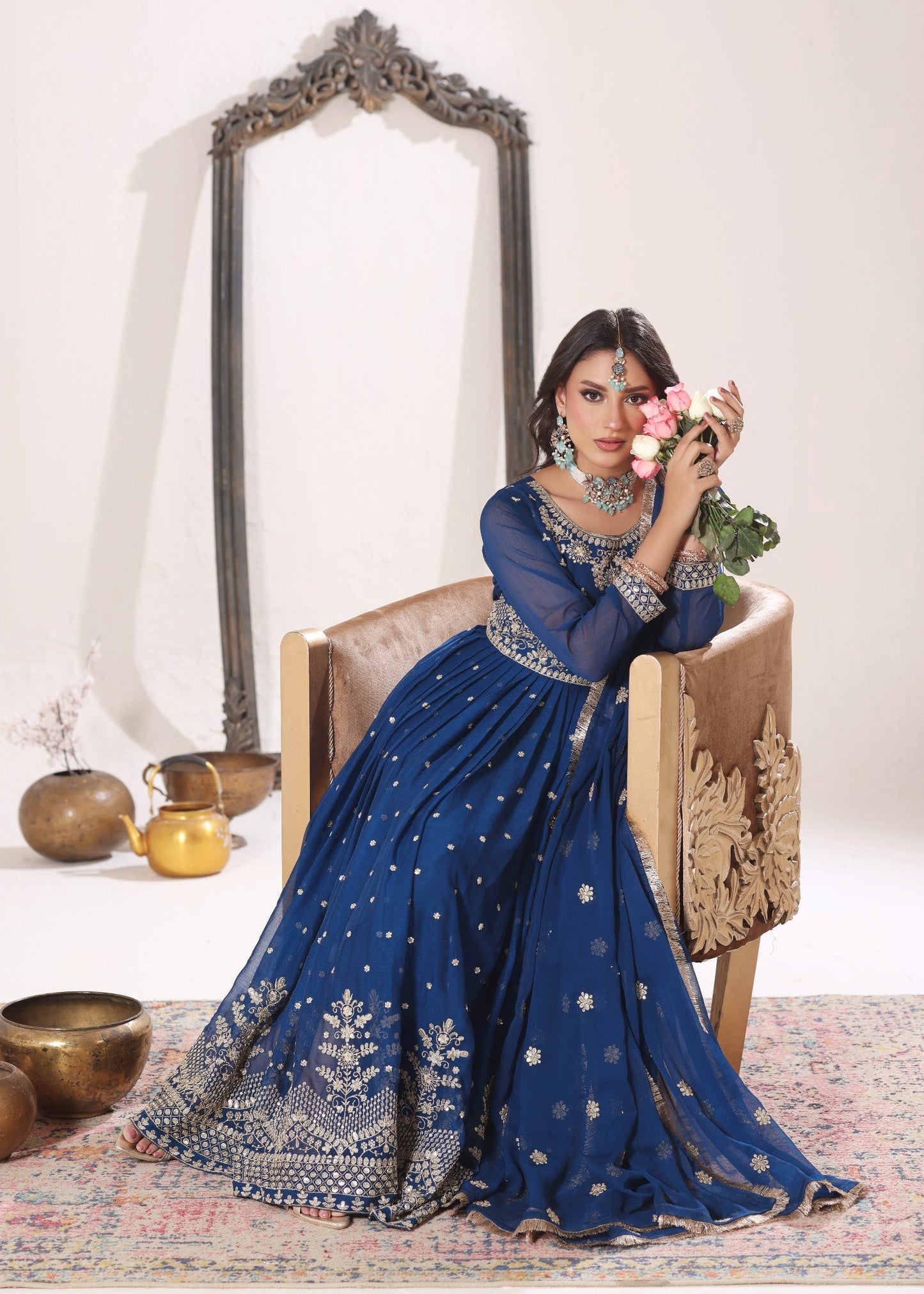 Blue Chiffon Embroidered 3 Piece Suit Online in Dubai UAE Abudhabi Ajman Sharjah