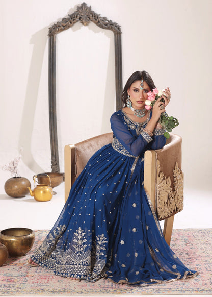 Blue Chiffon Embroidered 3 Piece Suit Online in Dubai UAE Abudhabi Ajman Sharjah