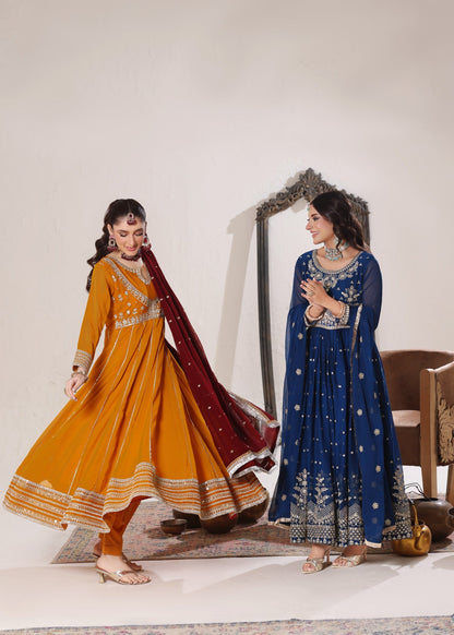 Blue Chiffon Embroidered Festive Pishwas Online in Dubai UAE Abudhabi Ajman Sharjah