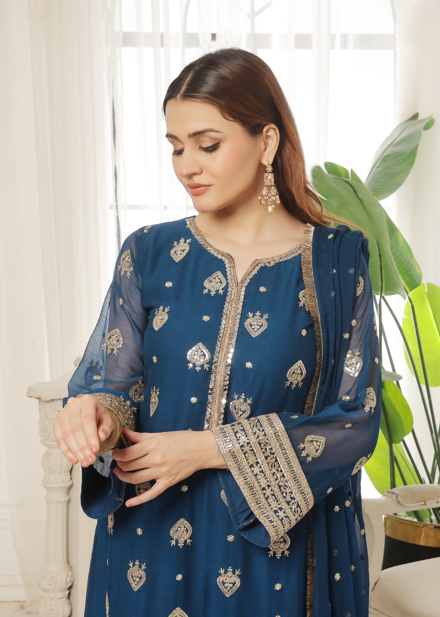 Blue Chiffon Embroidered Kurta Pajama Online in Sri Lanka India Australia