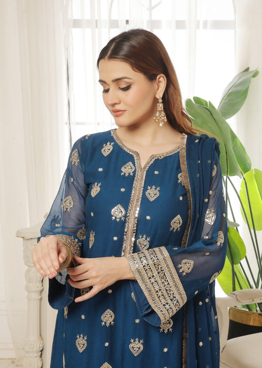 Blue Chiffon Embroidered Kurta Pajama Online in Sri Lanka India Australia