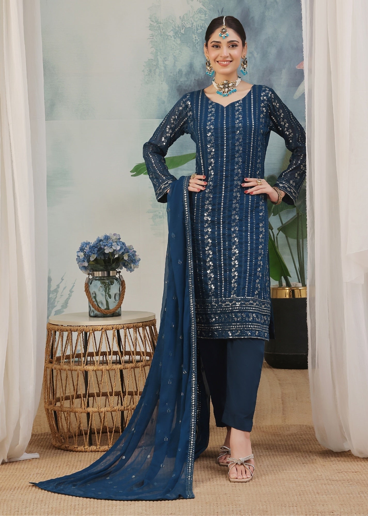 Blue Chiffon Embroidered Party Wear Kurta Set Online in KSA Riyadh Saudi Arabia Oman Bahrain Qatar