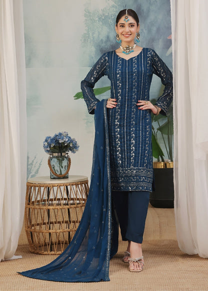 Blue Chiffon Embroidered Party Wear Kurta Set Online in KSA Riyadh Saudi Arabia Oman Bahrain Qatar