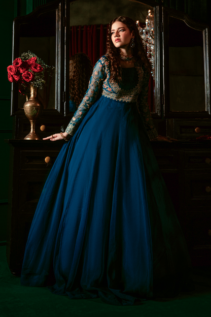 Blue Chiffon Embroidered Pishwas Kurta Set Online in Dubai DXB UAE Abudhabi Meena Bazaar
