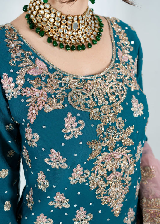Blue Chiffon Embroidered Wedding Guest Dress Online in KSA Riyadh Saudi Arabia Oman Bahrain Qatar