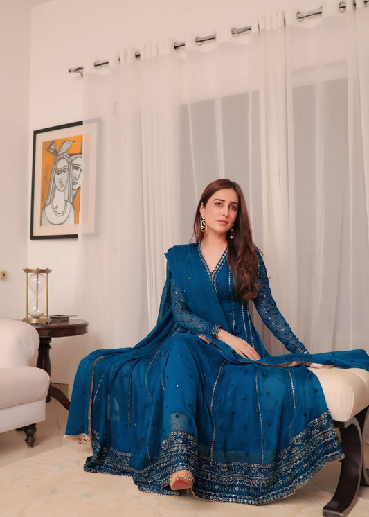 Blue Chiffon Kalidar Pishwas with Sequence Work Online in KSA Riyadh Saudi Arabia Oman Bahrain Qatar