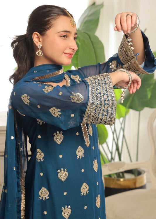 Blue Chiffon Kurta with Crepe Trouser Online in Dubai DXB UAE Abudhabi Meena Bazaar