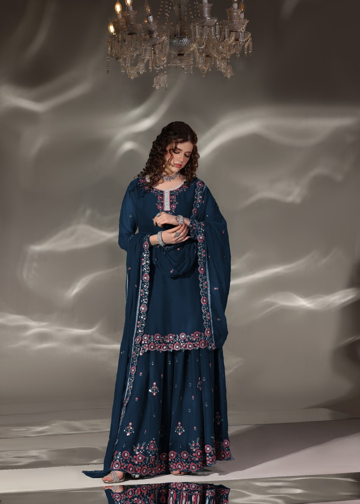 Blue Chiffon Partywear Sharara Suit Online in Sri Lanka India Australia