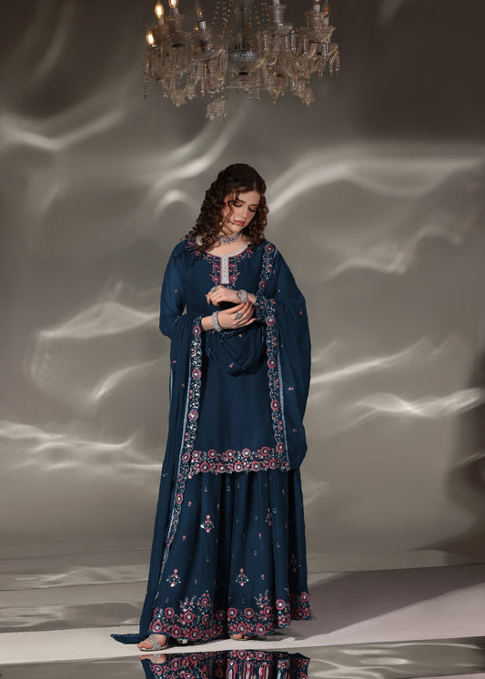 Blue Chiffon Partywear Sharara Suit Online in Sri Lanka India Australia