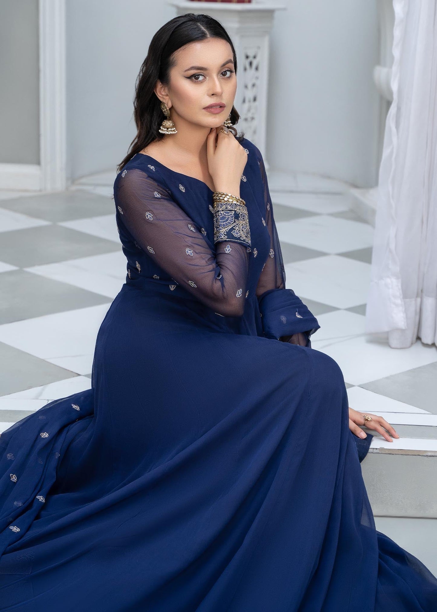 Blue Chiffon Pishwas with Gold Tilla Border Online in Dubai UAE Abudhabi Ajman Sharjah