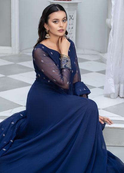 Blue Chiffon Pishwas with Gold Tilla Border Online in Dubai UAE Abudhabi Ajman Sharjah
