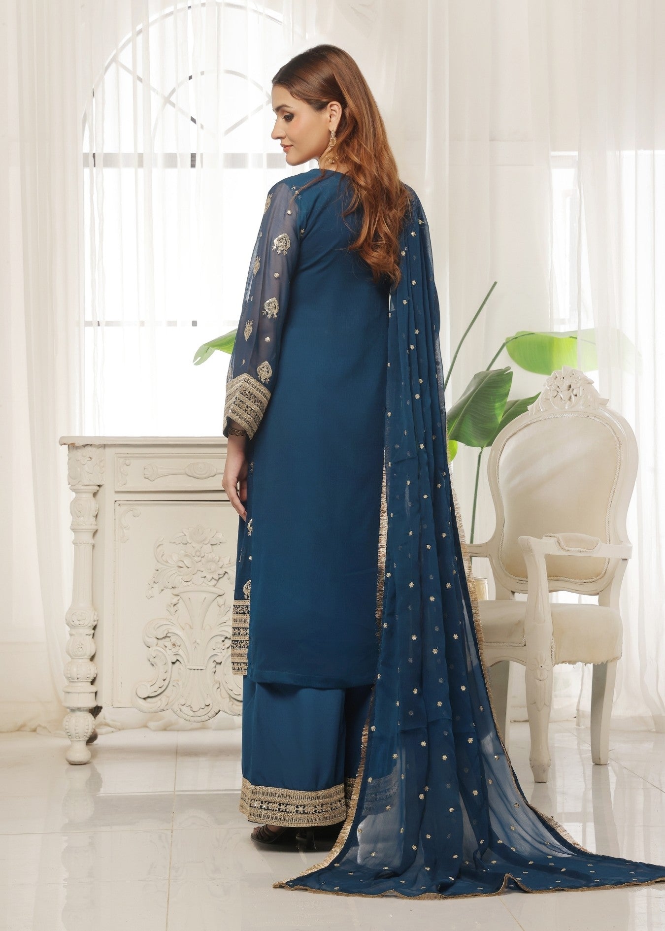 Blue Embellished Chiffon Festive Wear Suit Online in Dubai UAE Abudhabi Ajman Sharjah