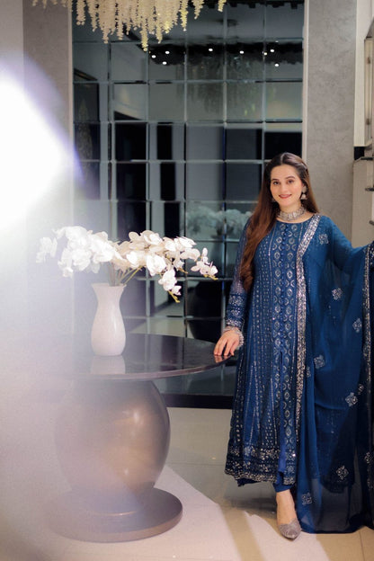 Blue Embellished Chiffon Flared Pishwas Suit Online in Dubai UAE Abudhabi Ajman Sharjah