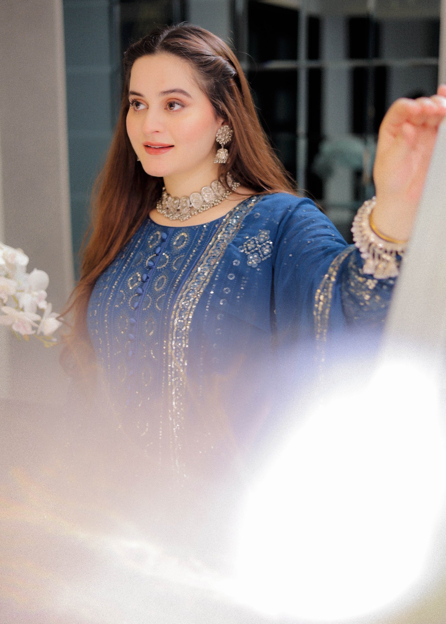 Blue Embellished Chiffon Pishwas Dress Online in Sri Lanka India Australia
