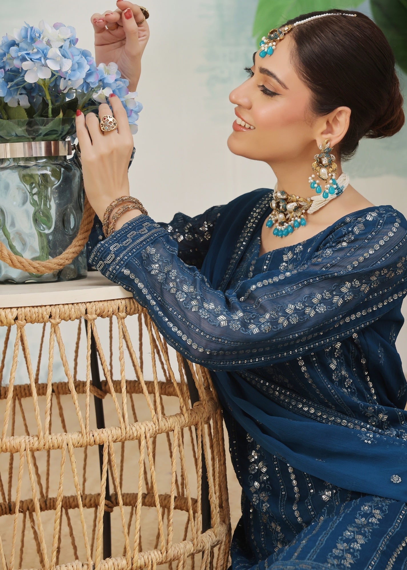 Blue Embroidered Chiffon 3 Piece Suit Online in Dubai DXB UAE Abudhabi Meena Bazaar