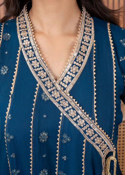 Blue Embroidered Chiffon Angrakha Dress Online in Dubai DXB UAE Abudhabi Meena Bazaar