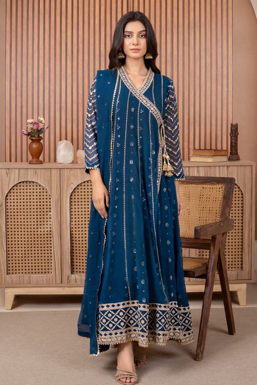 Blue Embroidered Chiffon Angrakha Suit Online in Dubai UAE Abudhabi Ajman Sharjah
