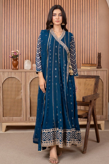 Blue Embroidered Chiffon Angrakha Suit Online in Dubai UAE Abudhabi Ajman Sharjah