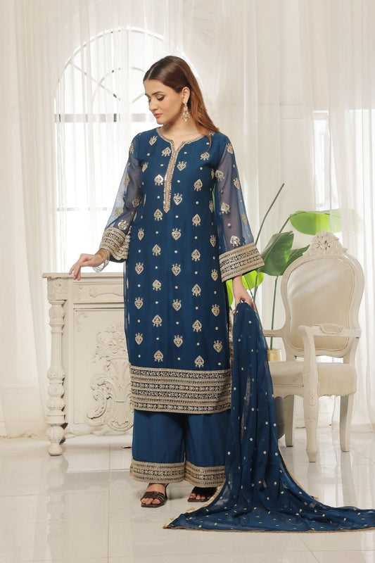 Blue Embroidered Chiffon Festive Kurta Set Online in Dubai UAE Abudhabi Ajman Sharjah