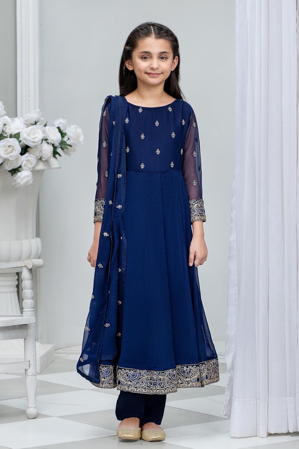 Blue Embroidered Chiffon Flared Pishwas Salwar Kameez Online in Dubai UAE Abudhabi Ajman Sharjah