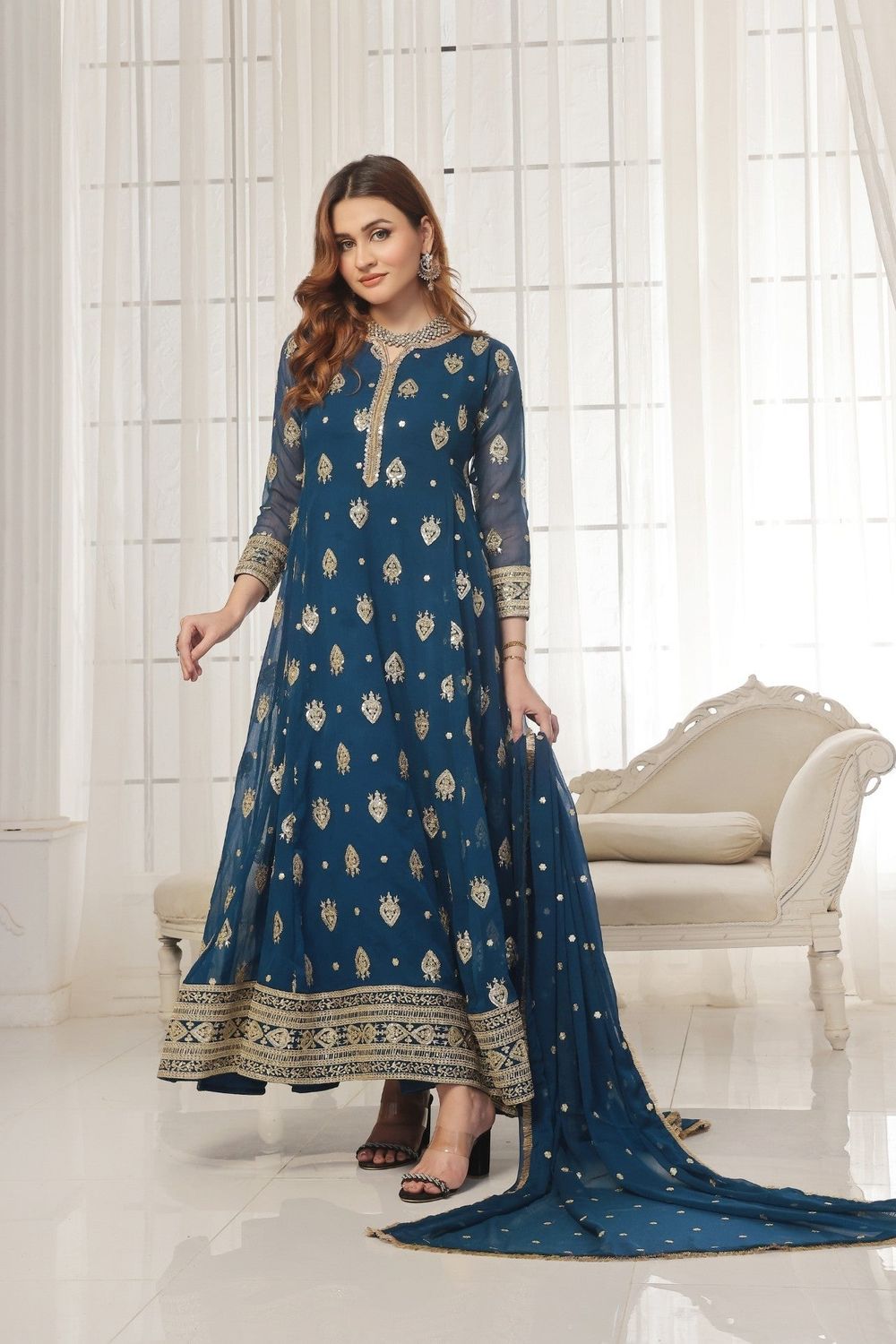 Blue Embroidered Chiffon Flared Pishwas Suit Online in Dubai UAE Abudhabi Ajman Sharjah