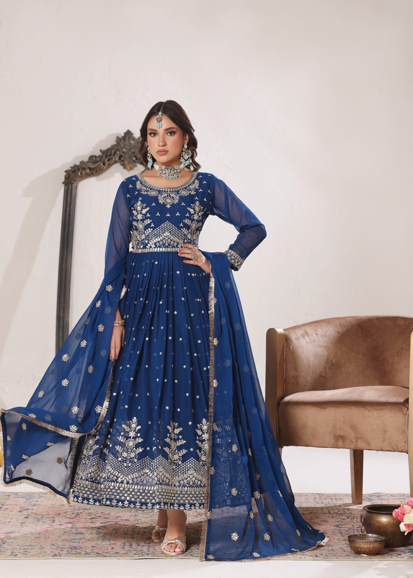 Blue Embroidered Chiffon Flared Top Suit Online in Sri Lanka India Australia