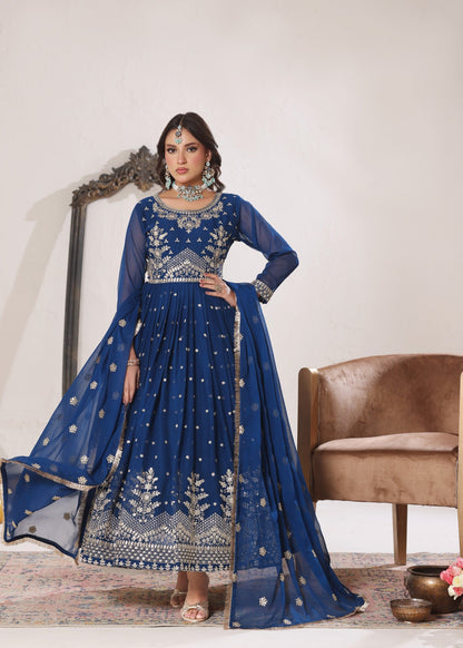 Blue Embroidered Chiffon Flared Top Suit Online in Sri Lanka India Australia