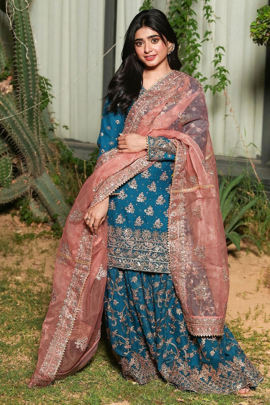 Blue Embroidered Chiffon Gharara Suit Online in Dubai UAE Abudhabi Ajman Sharjah