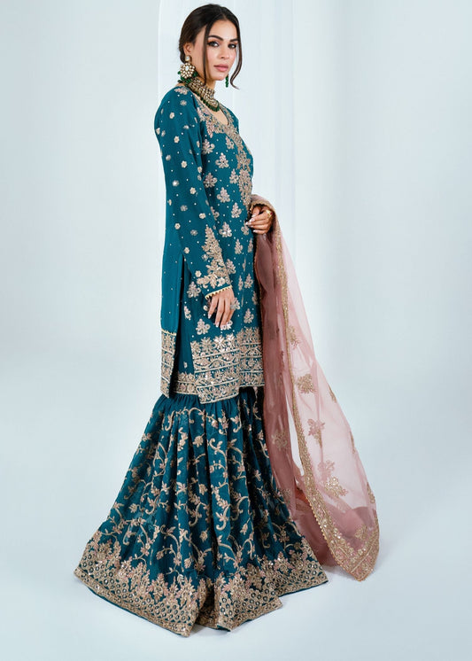 Blue Embroidered Chiffon Gharara with Dupatta Online in Sri Lanka India Australia